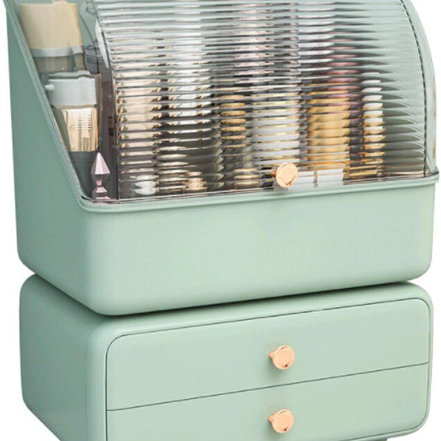 Organiseur de maquillage : la solution parfaite pour une chambre élégante et ordonnée Boîte de rangement anti-poussière avec couvercle et 2 tiroirs pour cosmétiques, idéale pour votre salle de bain ou coiffeuse