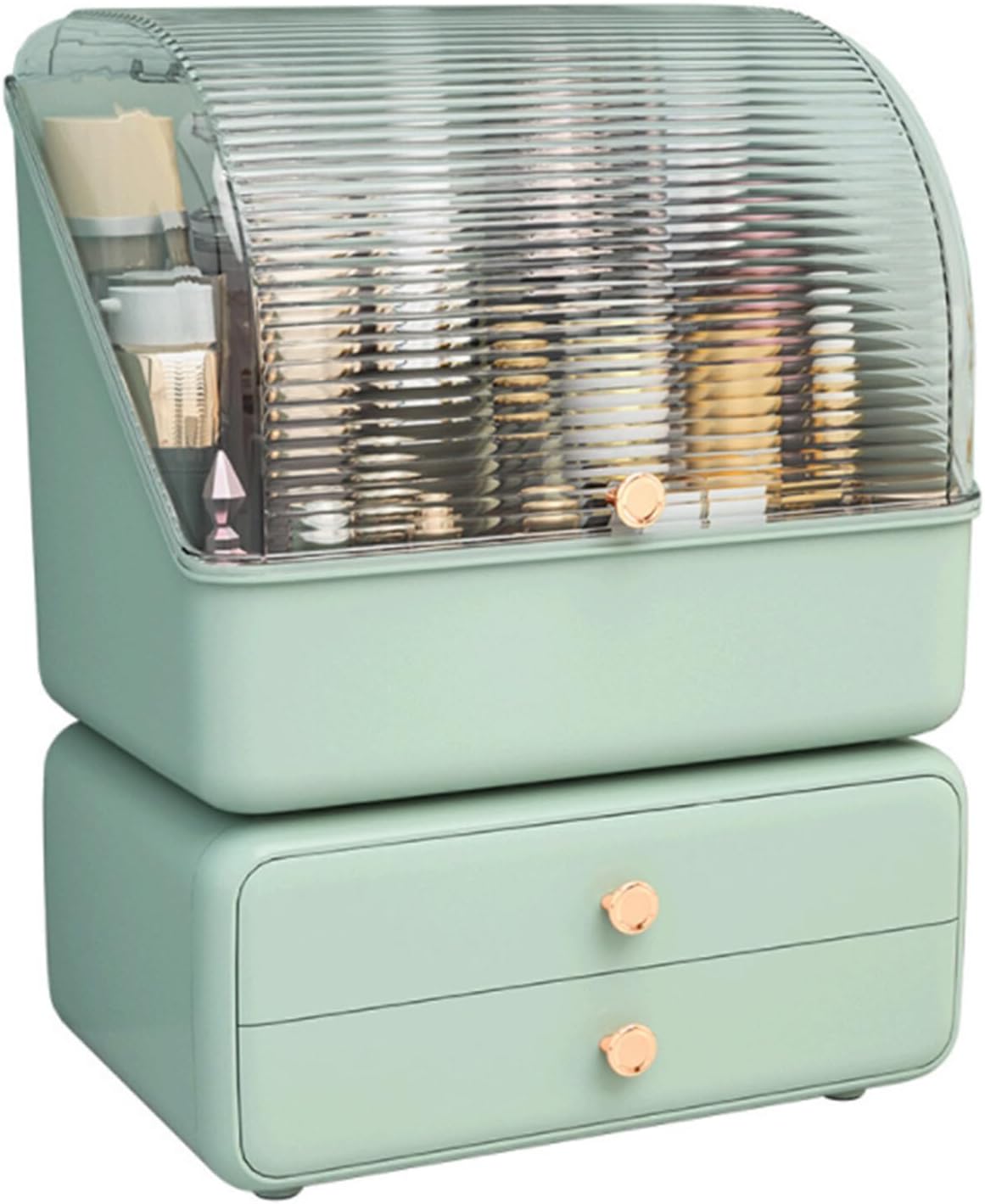 Organiseur de maquillage : la solution parfaite pour une chambre élégante et ordonnée Boîte de rangement anti-poussière avec couvercle et 2 tiroirs pour cosmétiques, idéale pour votre salle de bain ou coiffeuse