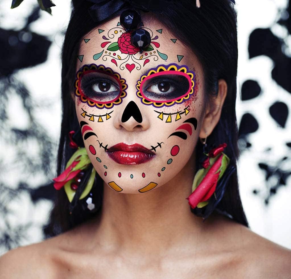 Tatouage temporaire du visage : 8 autocollants de crâne de sucre pour un maquillage Halloween captivant – Image 2