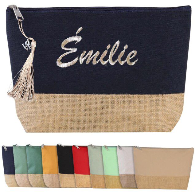 Trousse de toilette personnalisée : le cadeau idéal pour maman et fille Offrez une trousse de maquillage en coton et jute, élégante et pratique, pour célébrer les anniversaires et la fête des mères