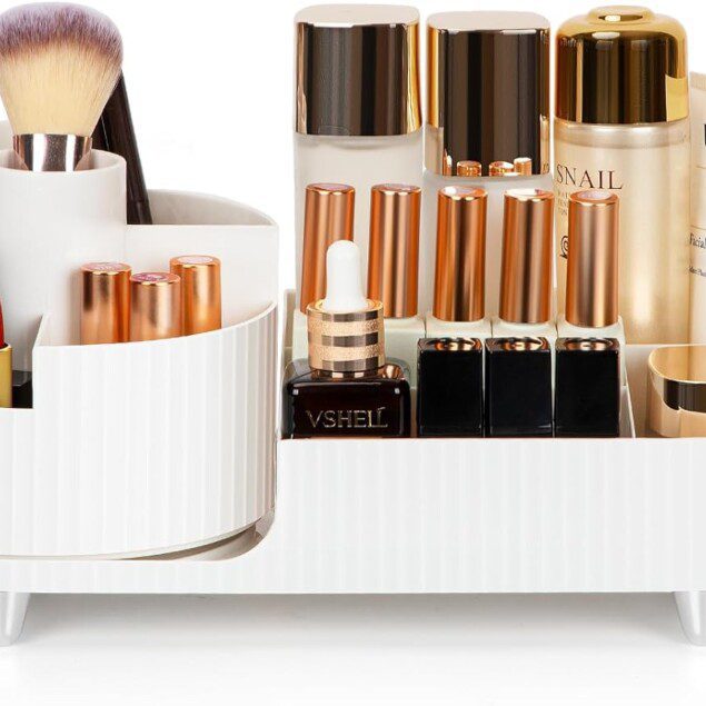 Organisateur maquillage rotatif 360 degrés : idéal pour les coiffeuses et passionnées de beauté   Optimisez votre espace avec ce stockage cosmétique multifonctionnel et élégant en blanc pur