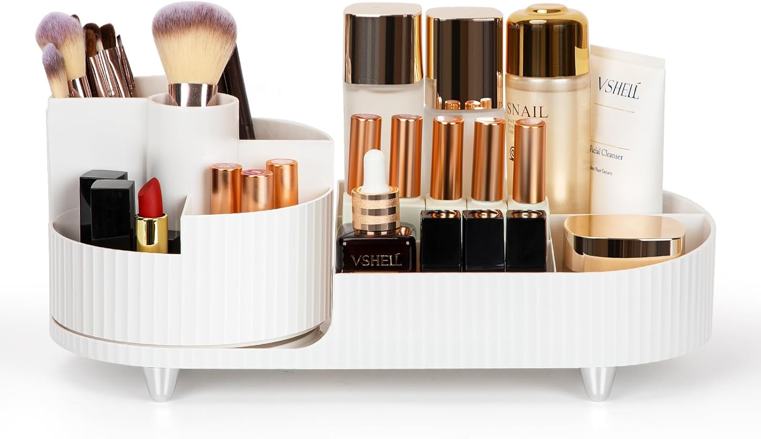Organisateur maquillage rotatif 360 degrés : idéal pour les coiffeuses et passionnées de beauté Optimisez votre espace avec ce stockage cosmétique multifonctionnel et élégant en blanc pur