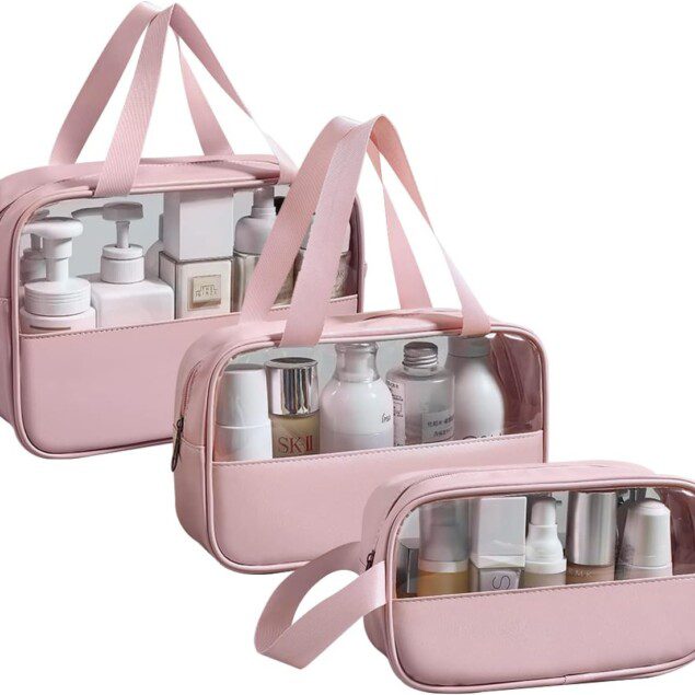 Trousse de toilette transparente 3 pièces : idéale pour les femmes en voyage  Un set léger et étanche pour un maquillage toujours impeccable
