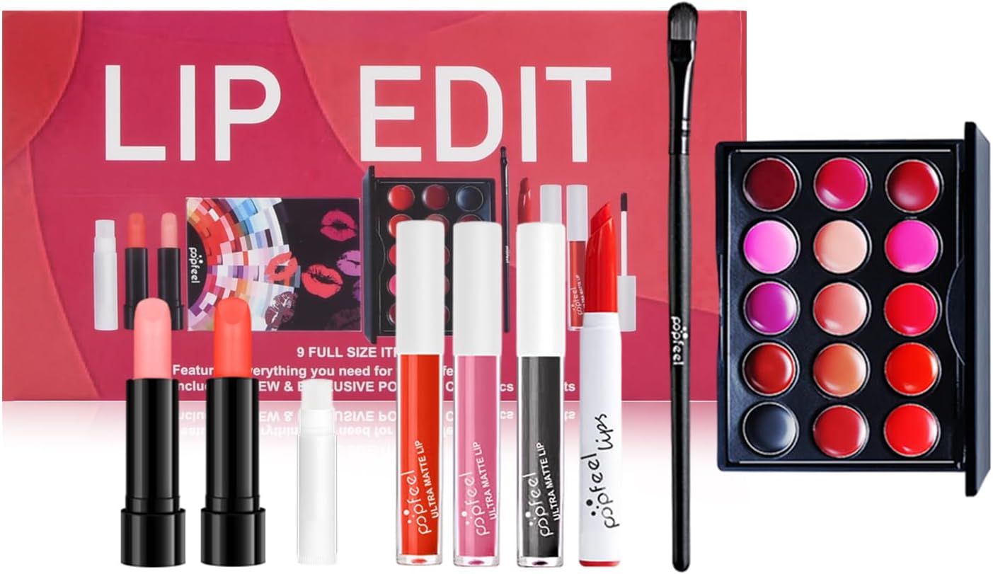 Coffre-cadeau de maquillage à lèvres : kit complet pour femmes avec 15 couleurs éclatantes et pinceau inclus