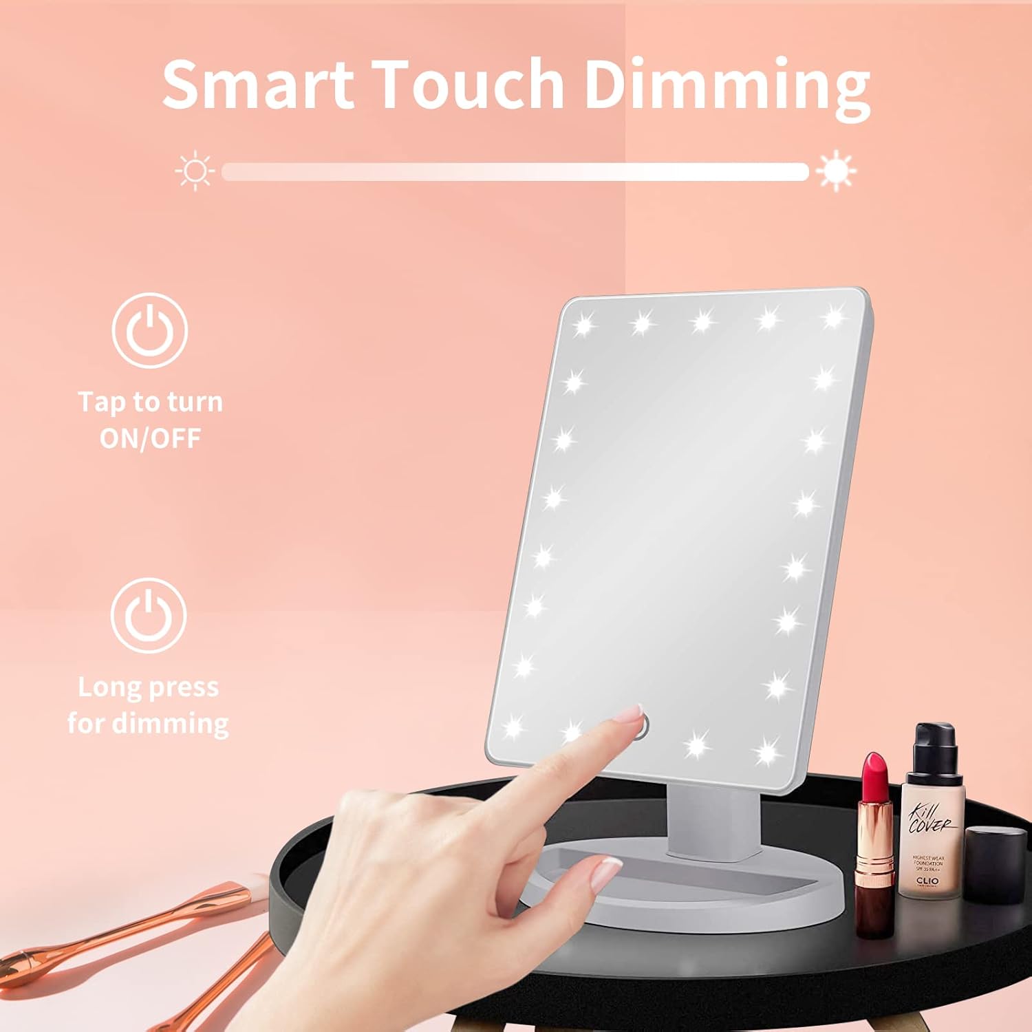 Miroir de maquillage avec lumières : la touche élégante pour les voyages et la courtoisie Optimisé pour les passionnées de beauté, ce miroir de table à 21 lumières LED et écran tactile offre un agrandissement 10x et une rotation libre à 180°, pour un maquillage parfait en toutes circonstances. – Image 2