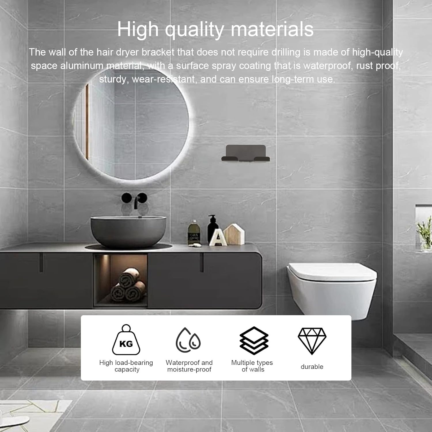 Porte sèche cheveux élégant : support autocollant pour une installation sans perforation Idéal pour les salles de bain modernes, offre un gain de place et un accès facile – Image 3