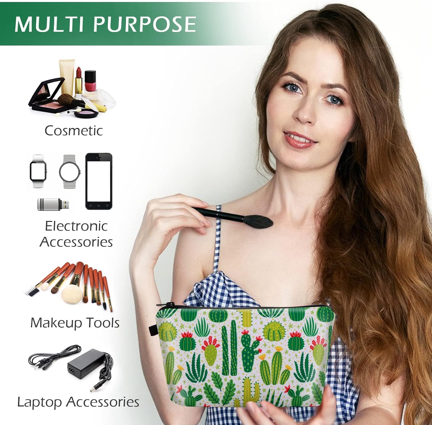 Petite trousse à maquillage en toile : l'accessoire de voyage idéal pour adolescentes Ranger vos produits de beauté avec style grâce à son design cactus vert – Image 2
