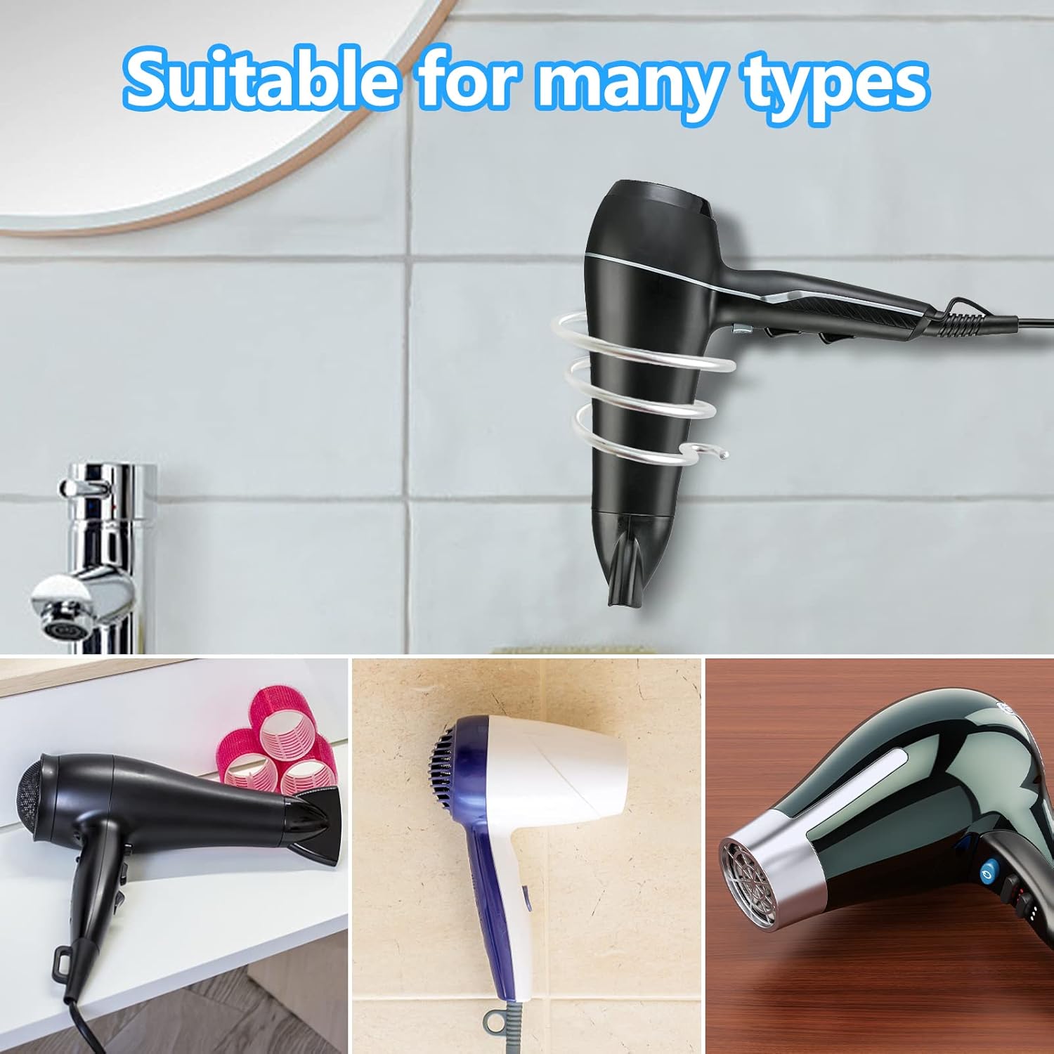 Porte sèche cheveux en spirale : support mural élégant pour la salle de bain et la cuisine Optimisez votre espace avec ce support en aluminium, facile à installer sans perçage, qui garde vos appareils de coiffure à portée de main tout en ajoutant une touche de style à votre décoration. – Image 7