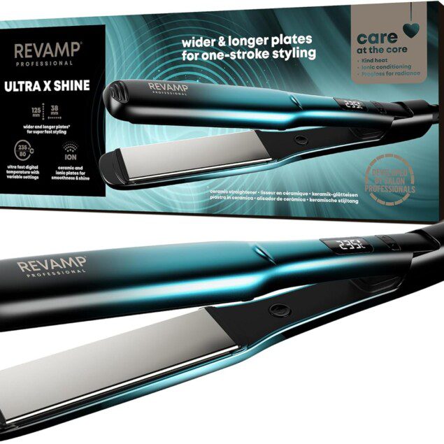 Fer à lisser céramique REVAMP Ultra X Shine : lisseur professionnel pour cheveux longs et épais, idéal pour des boucles parfaites et un coiffage rapide