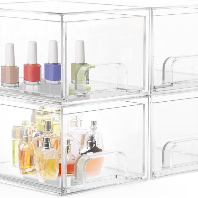 Organisateur tiroir salle de bain : lot de 4 empilables en acrylique pour un rangement optimal des cosmétiques et accessoires