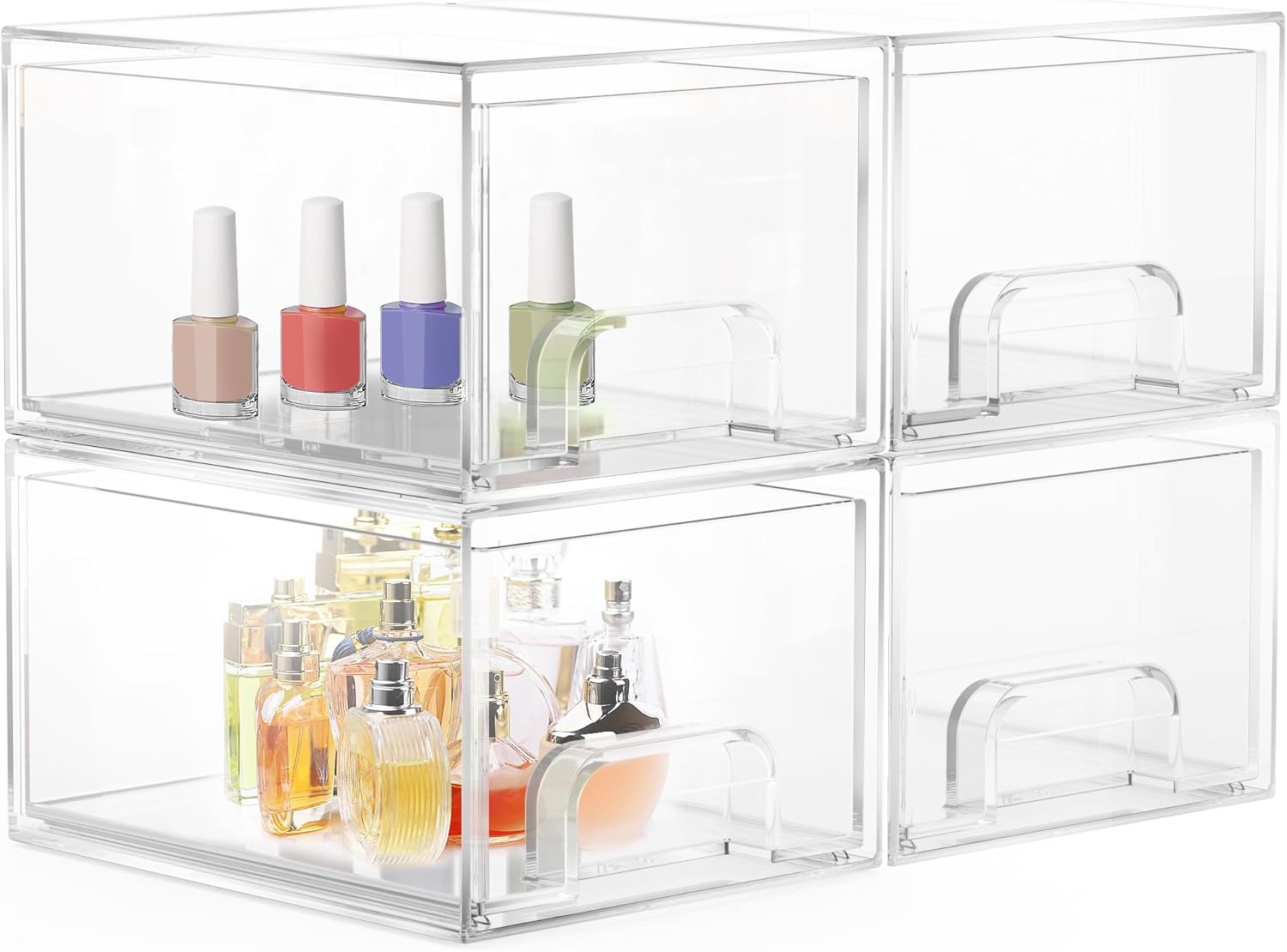 Organisateur tiroir salle de bain : lot de 4 empilables en acrylique pour un rangement optimal des cosmétiques et accessoires