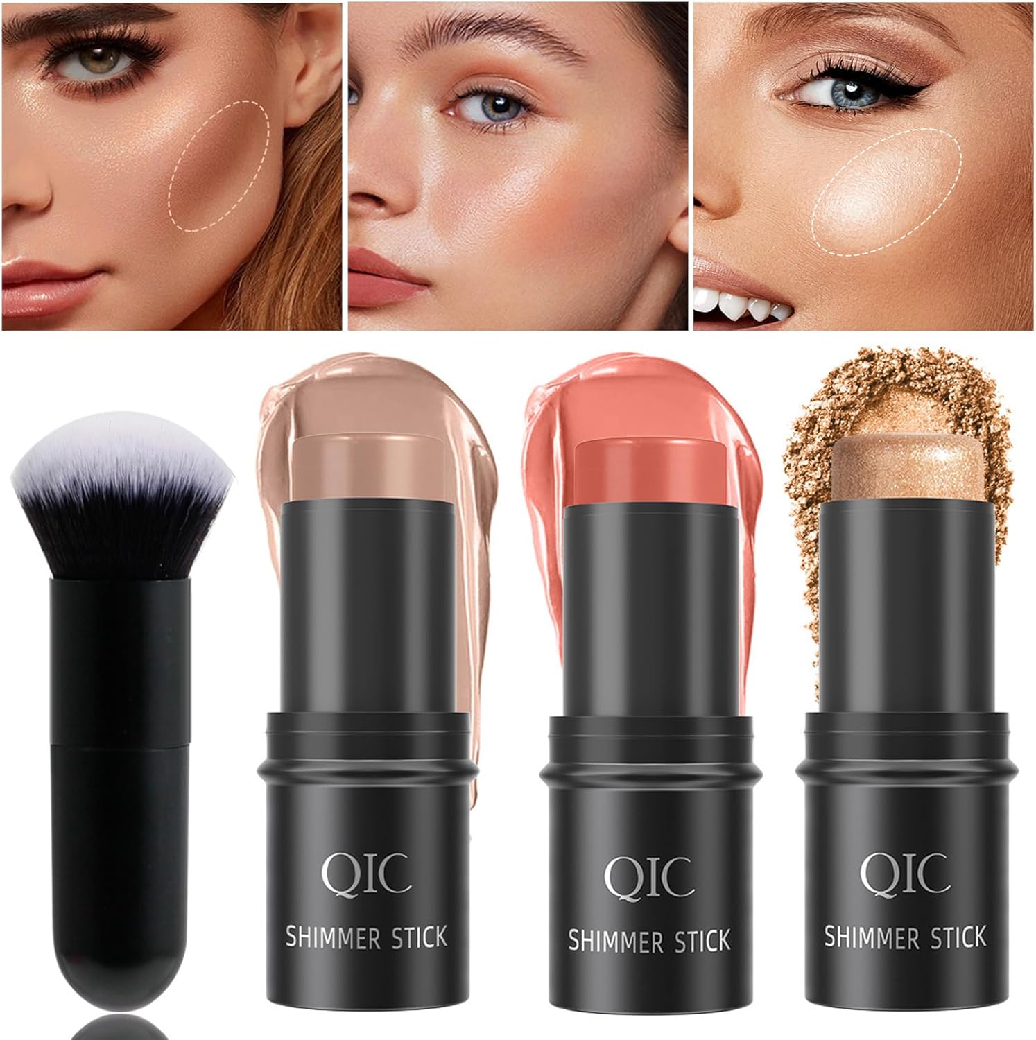Kit de maquillage en bâton : 3 pièces pour sculpter facilement les joues avec bronzage, contour et blush