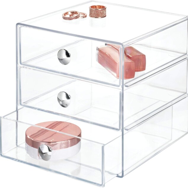 Organisateur maquillage : boîte de rangement en plastique transparente pour cosmétiques avec 3 tiroirs pratiques