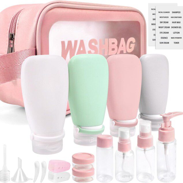 Flacon voyage 18 pièces : kit de produits de toilette approuvé pour l'aviation, idéal pour les femmes en déplacement