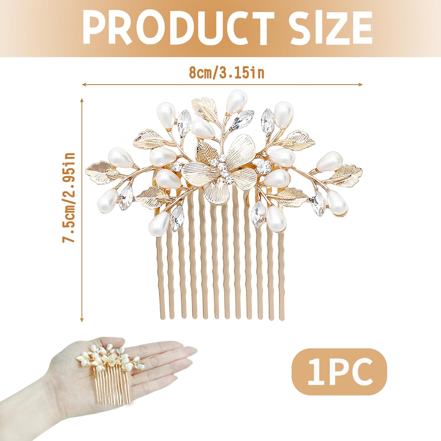 Peigne à cheveux doré : accessoire élégant pour mariées et filles avec perles et feuilles, idéal pour mariages, bals et occasions spéciales – Image 2