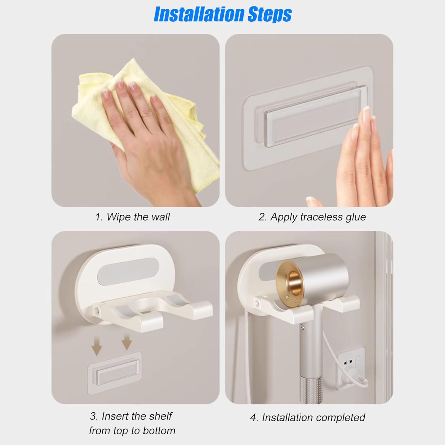 Support de sèche-cheveux en aluminium aéronautique : idéal pour salle de bain et hôtel Fixation murale sans perçage : un rangement élégant et pratique pour vos appareils – Image 6