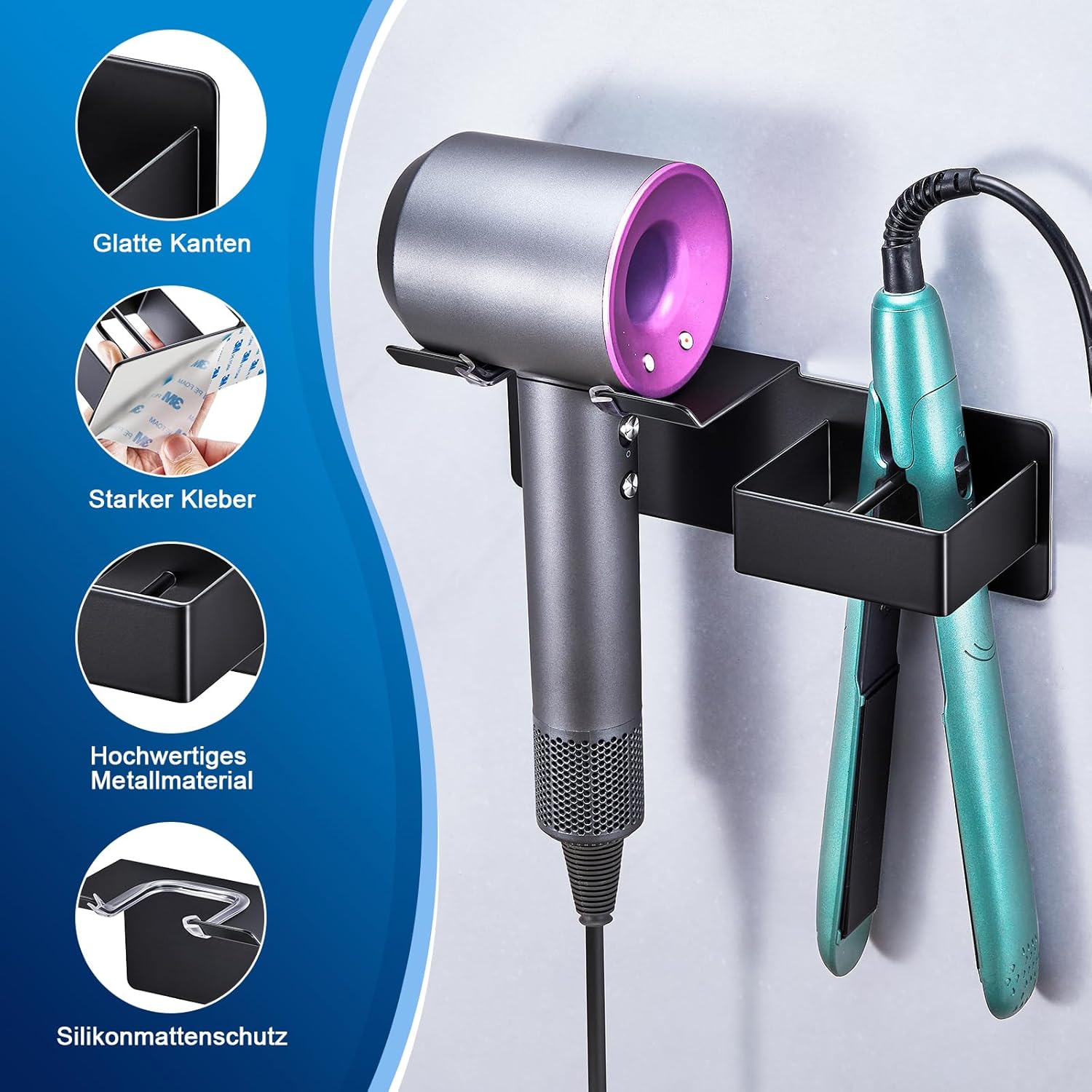 Support mural pour sèche-cheveux et fer à lisser : une solution élégante et pratique pour salle de bain et chambre à coucher – Image 2