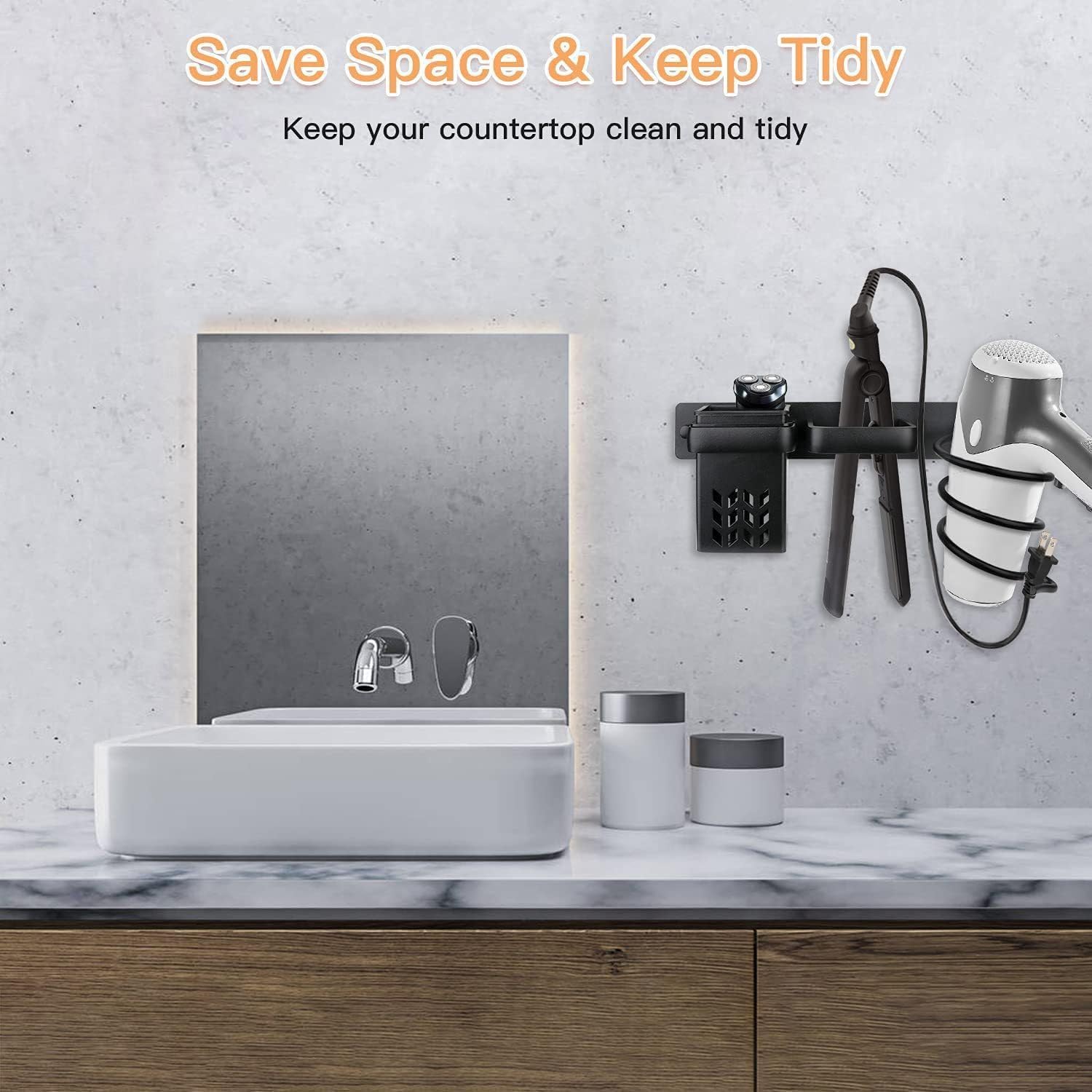 Support mural pour sèche-cheveux et fer à lisser : l'organiseur multifonction idéal pour salle de bain, gain de place et rangement pratique en noir – Image 6