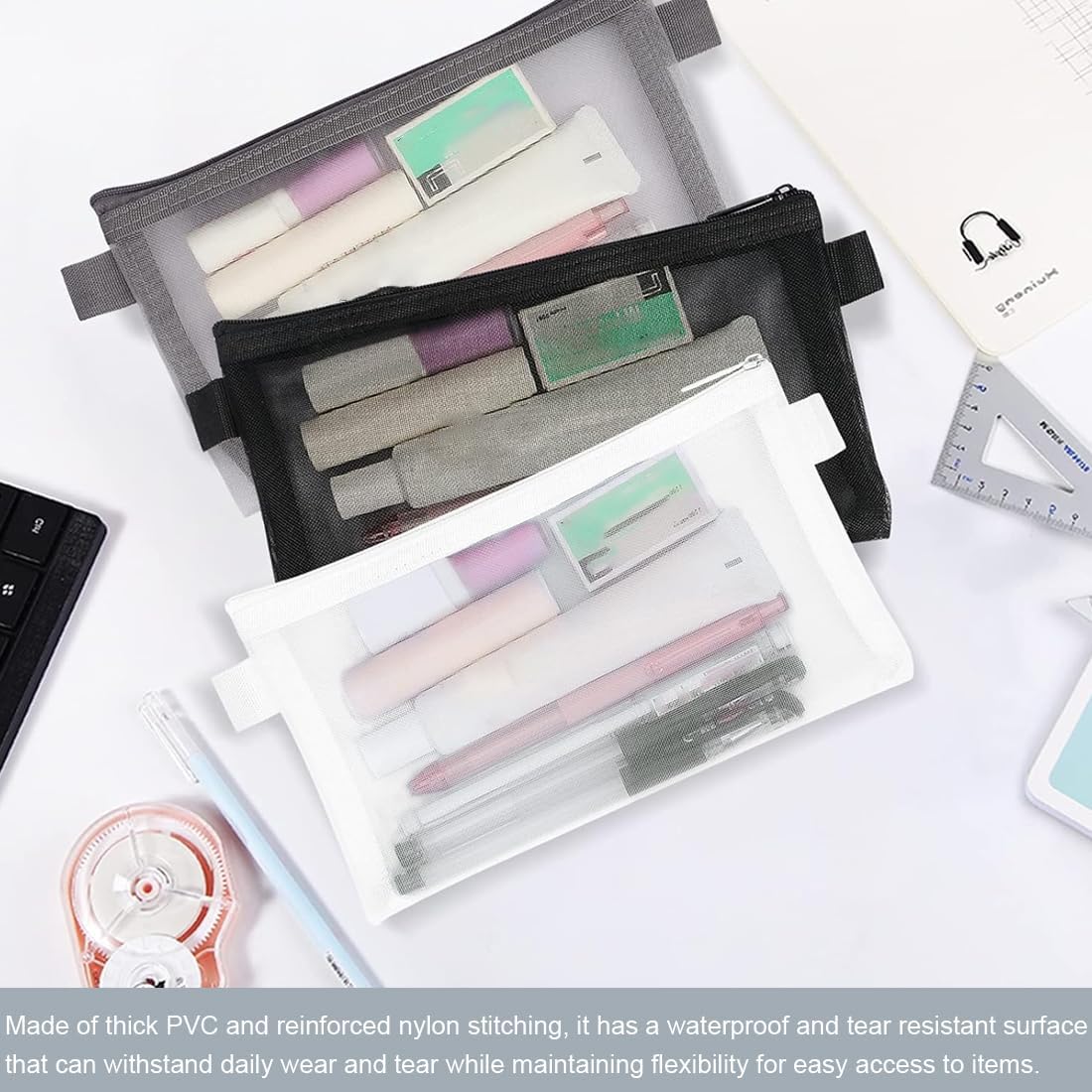 Trousse transparente en nylon maille : le lot de 3 pour l'école, le bureau et le maquillage, alliant praticité et élégance – Image 4