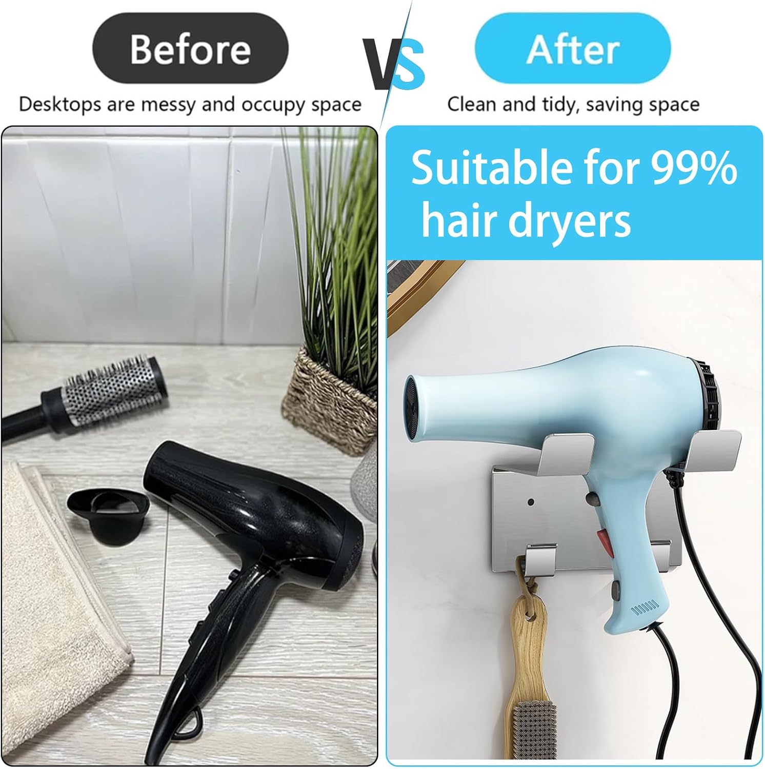 Support de sèche-cheveux en acier inoxydable : le choix idéal pour vos salles de bain modernes Organisez votre espace avec élégance grâce à un support sans perçage et des crochets pratiques – Image 3