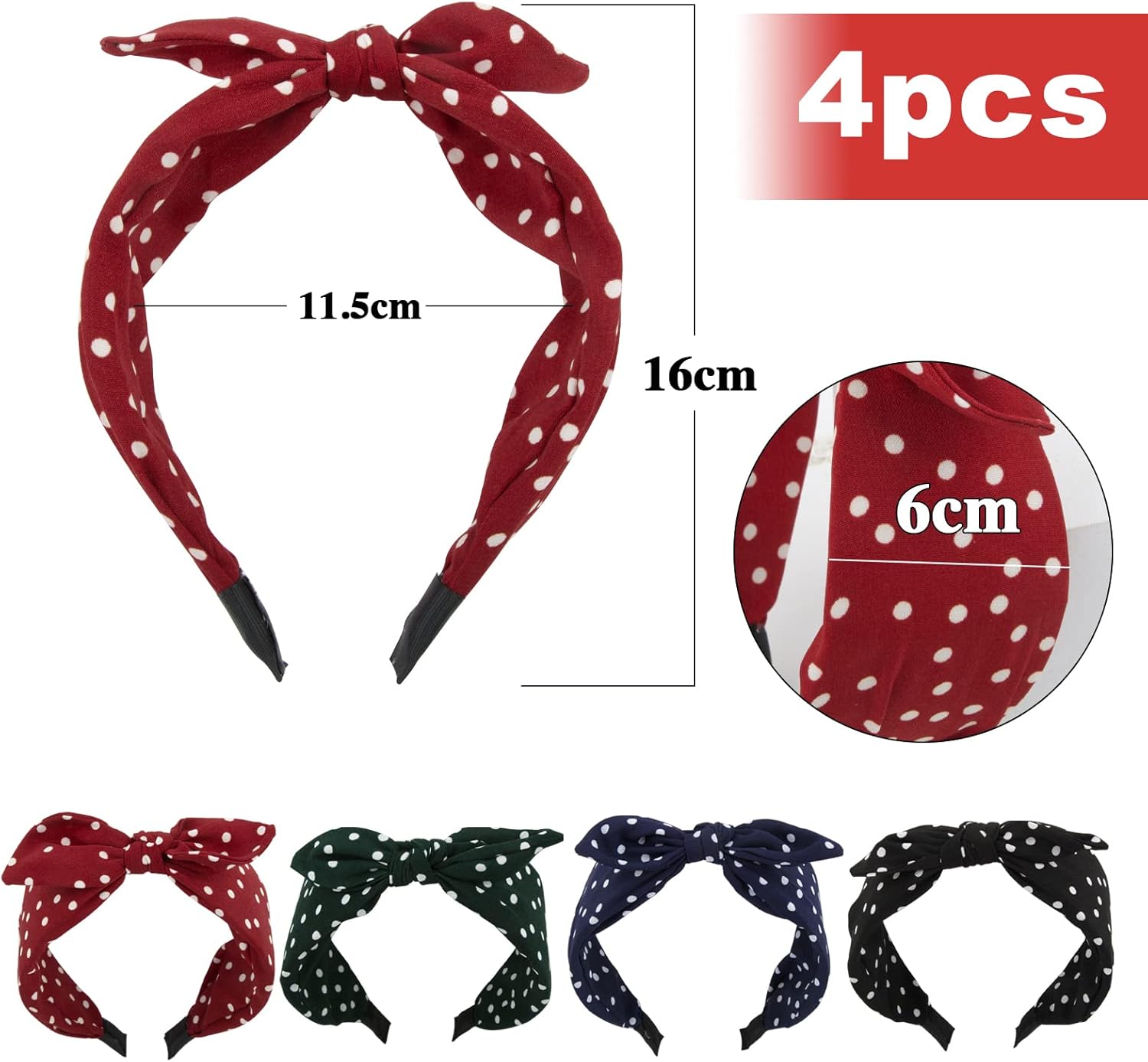 Serre-tête à pois en tissu : élégance vintage pour femmes et filles Accessoire de coiffure chic avec nœud lapin, idéal pour toutes les occasions – Image 2