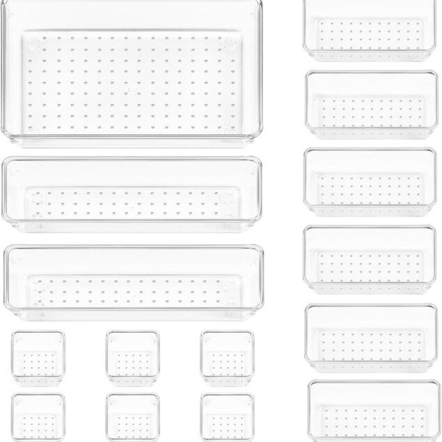 Organisateurs de tiroir pour un rangement optimal : 15 pièces en plastique transparent pour salle de bain, coiffeuse, bureau et cuisine