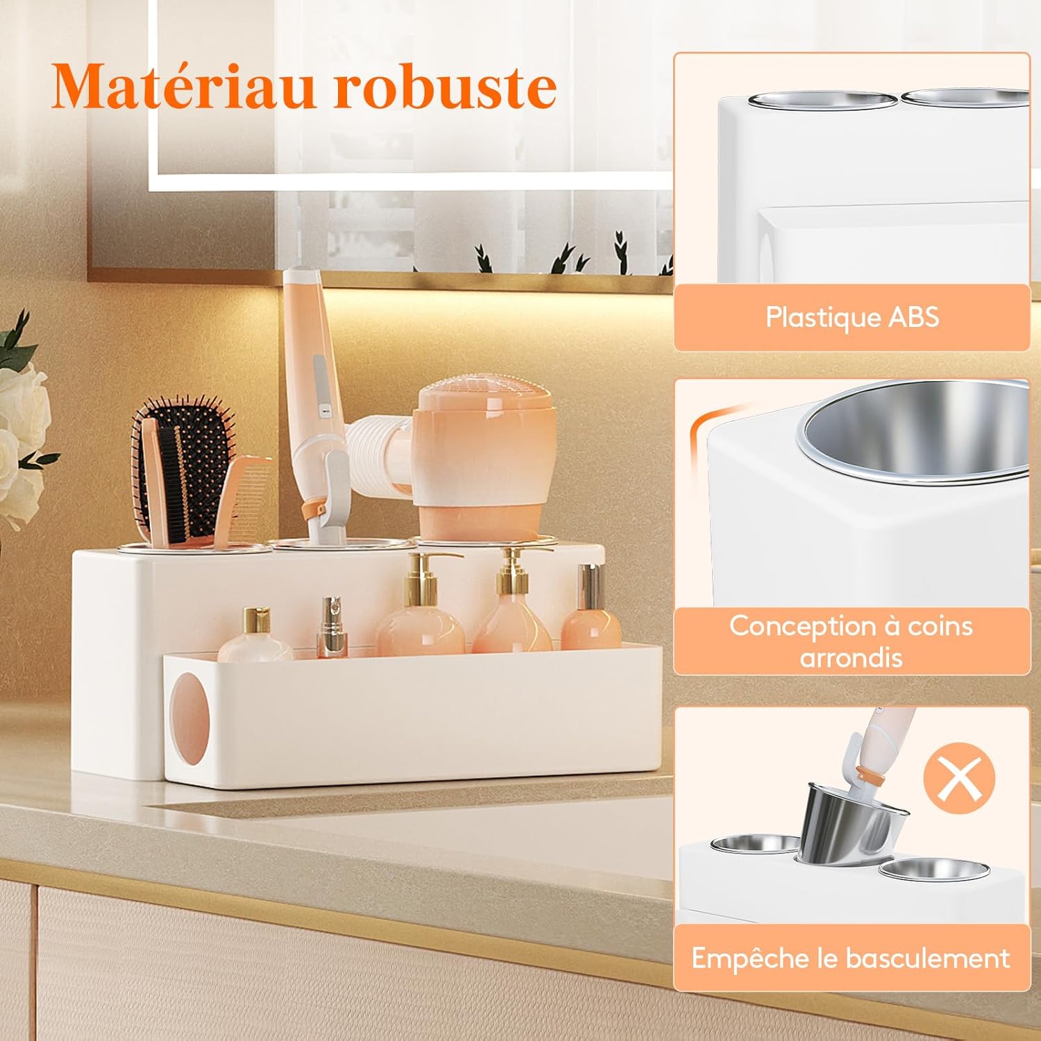 Support pour sèche-cheveux et fer à lisser : rangement élégant pour salle de bain Organisateur pratique en blanc pour une coiffeuse toujours rangée – Image 8