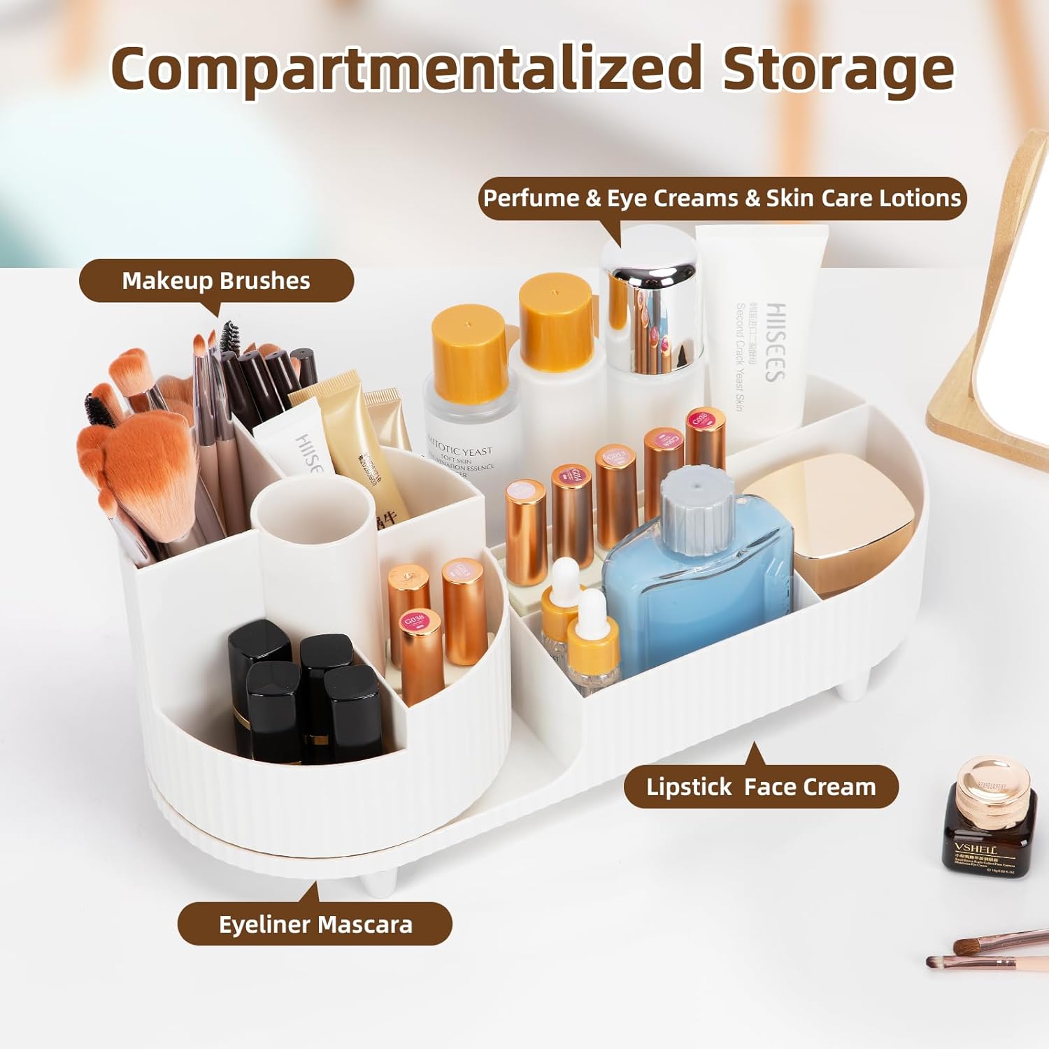 Organisateur maquillage rotatif 360 degrés : idéal pour les coiffeuses et passionnées de beauté Optimisez votre espace avec ce stockage cosmétique multifonctionnel et élégant en blanc pur – Image 4