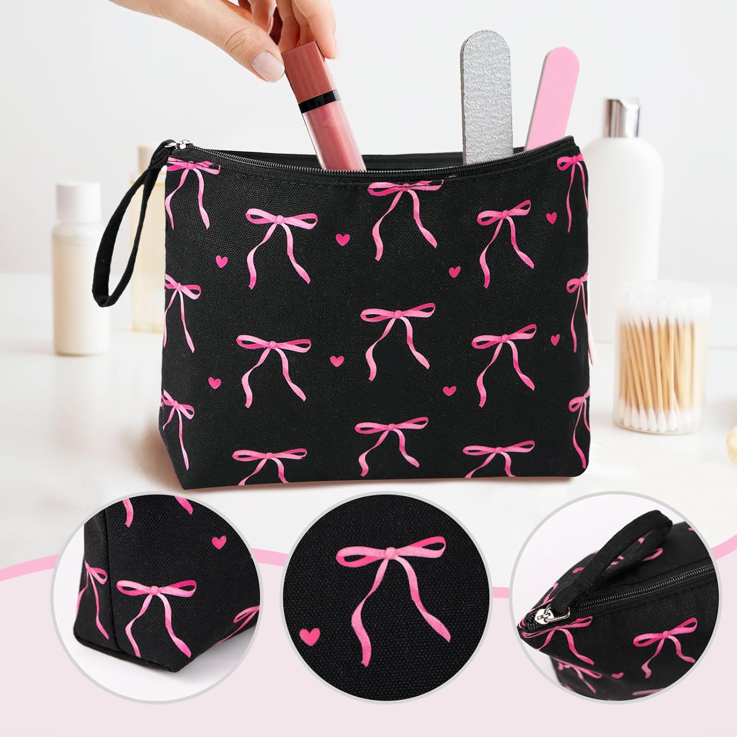 Trousse de toilette femme voyage : l'élégance en noir avec un motif nœuds roses pour un maquillage toujours en beauté – Image 4