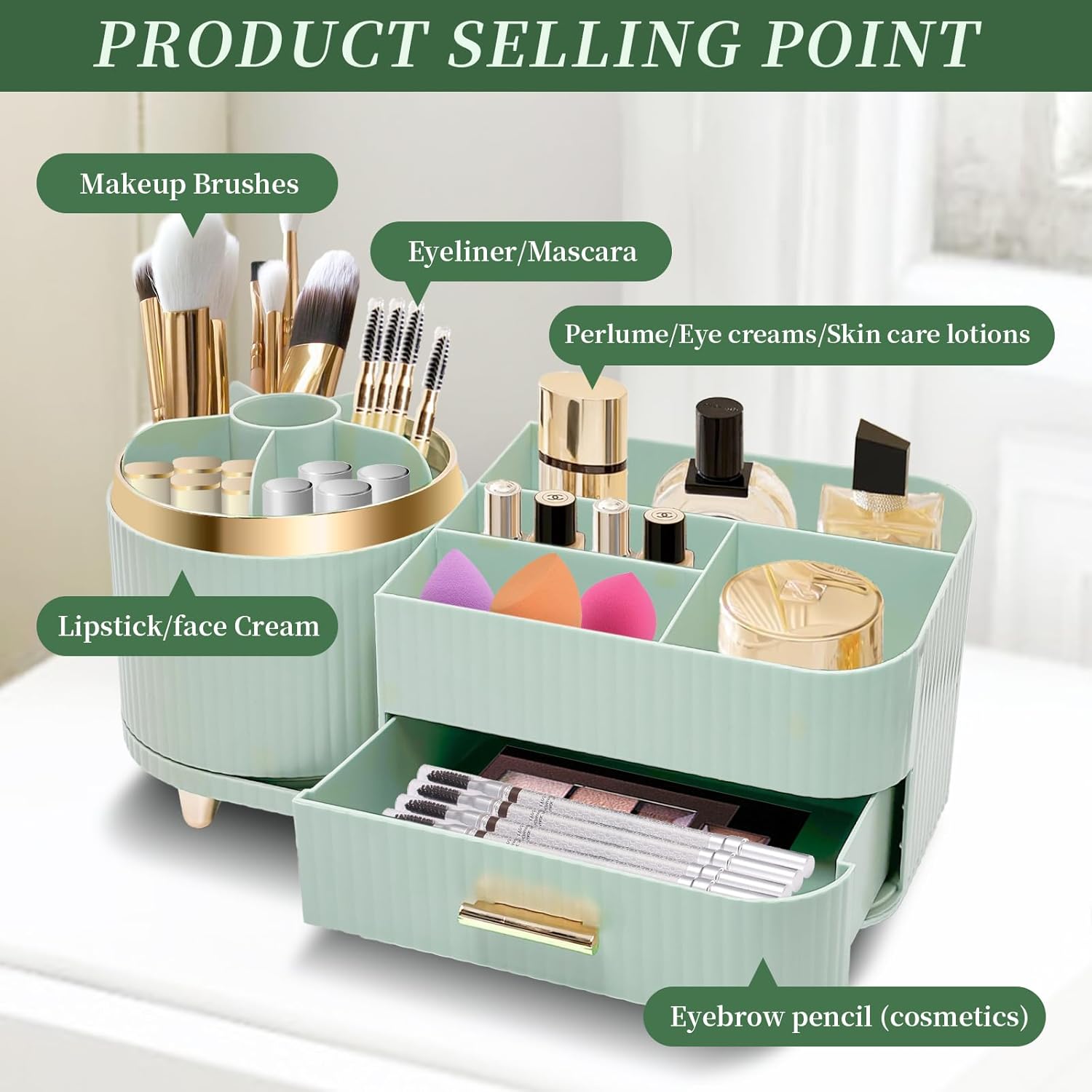 Organisateur de Maquillage Rotatif 360° en Vert – Image 3