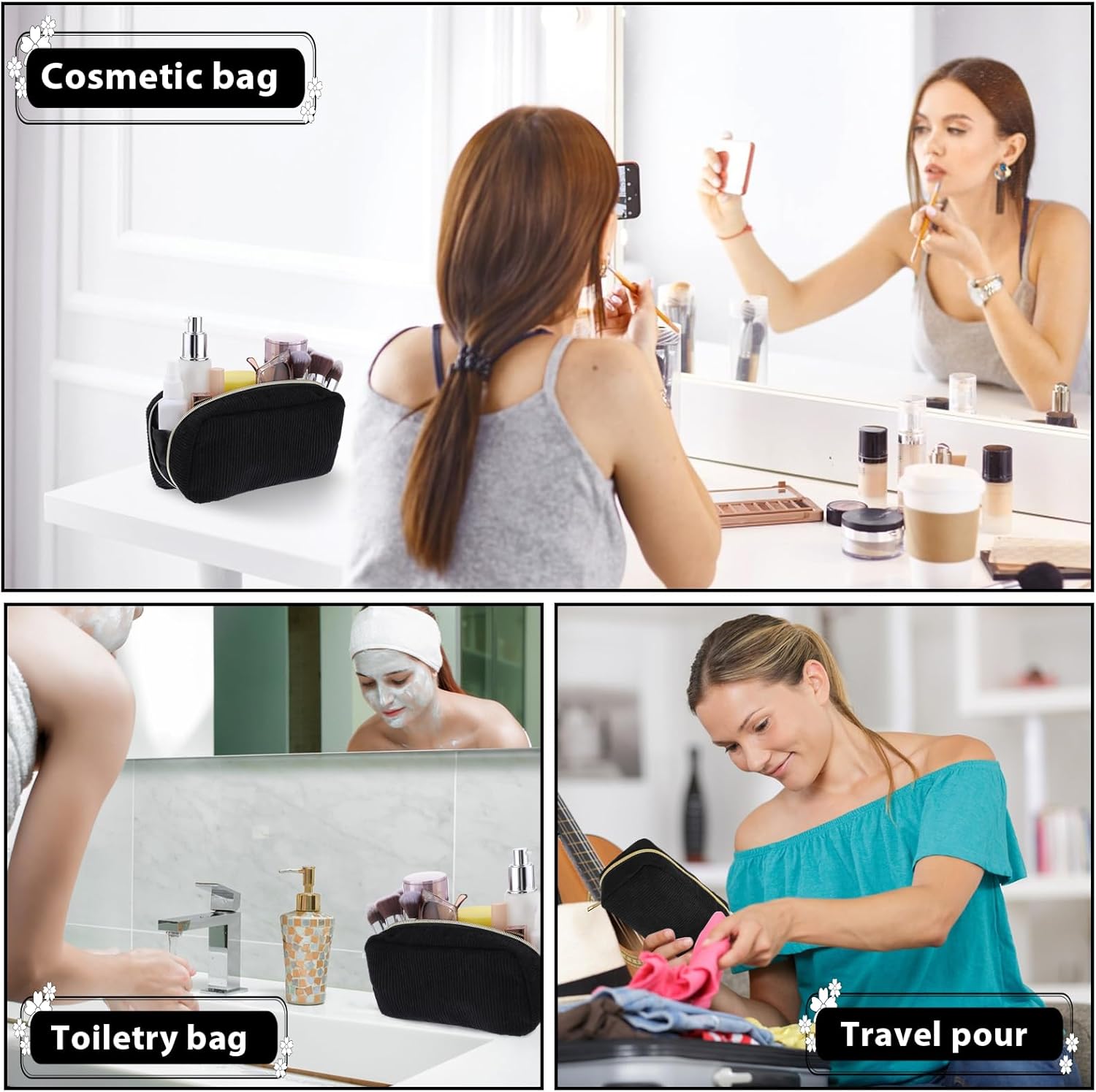 Petite trousse de toilette pour femme : sac de rangement élégant et pratique avec 3 poches intérieures en corduroy pour un voyage sans tracas – Image 7