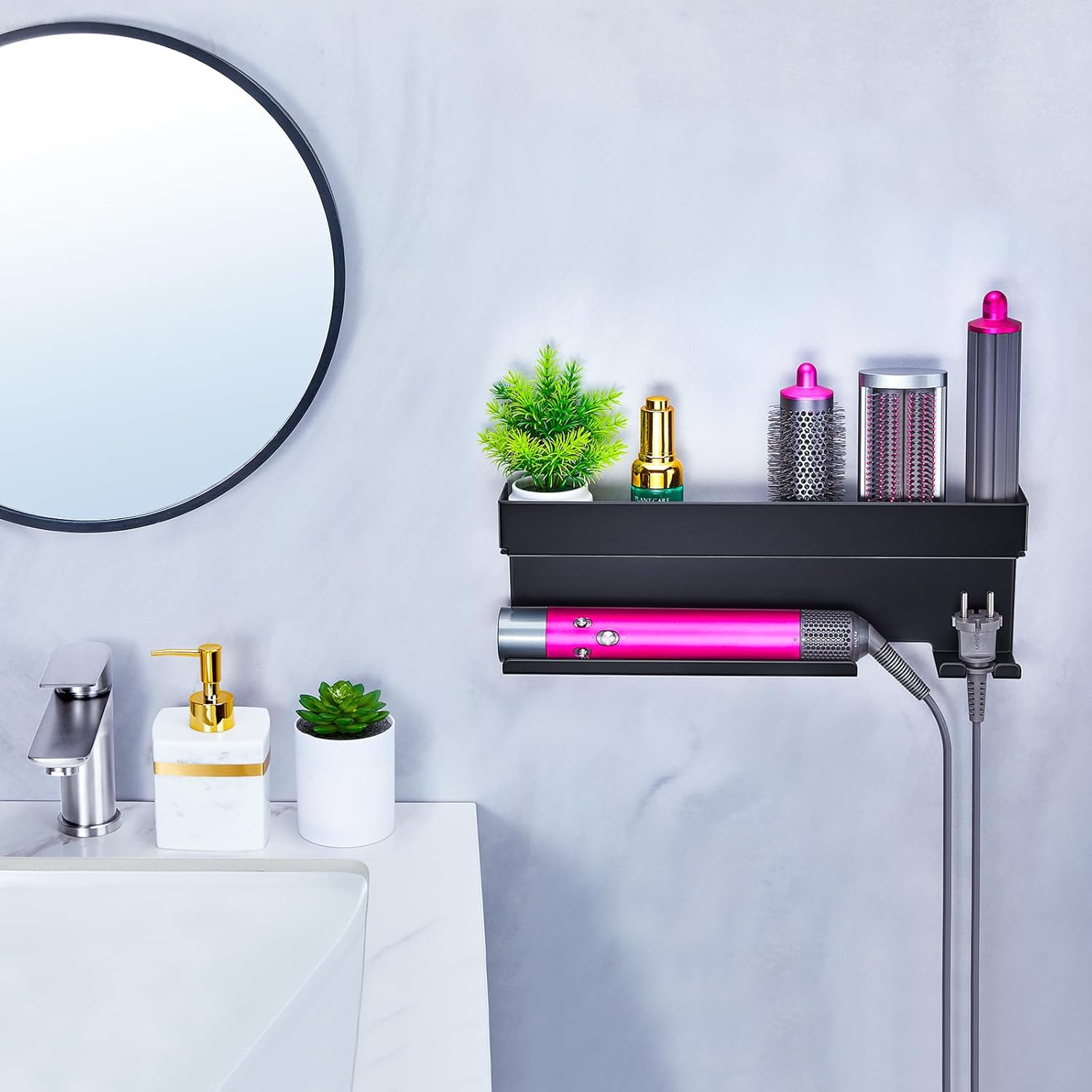 Support sèche-cheveux mural : rangement élégant pour salle de bain sans perçage Optimisez l'espace de votre salle de bain avec ce porte-accessoires noir pour lisseurs et appareils de coiffure – Image 4