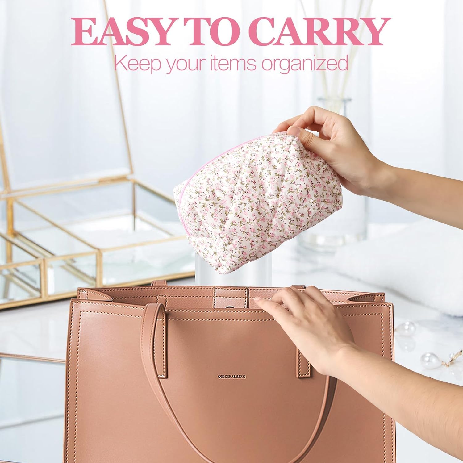 Trousse de maquillage matelassée : grande capacité pour femmes, idéale lors de vos voyages avec un motif floral élégant – Image 6