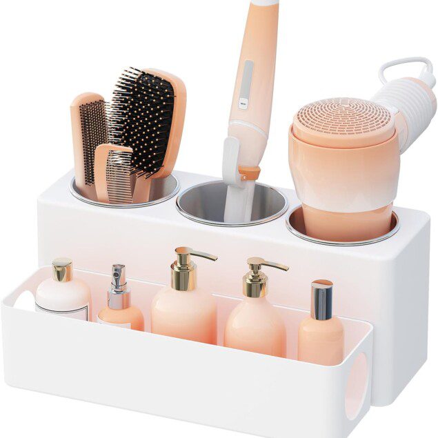 Support pour sèche-cheveux et fer à lisser : rangement élégant pour salle de bain Organisateur pratique en blanc pour une coiffeuse toujours rangée