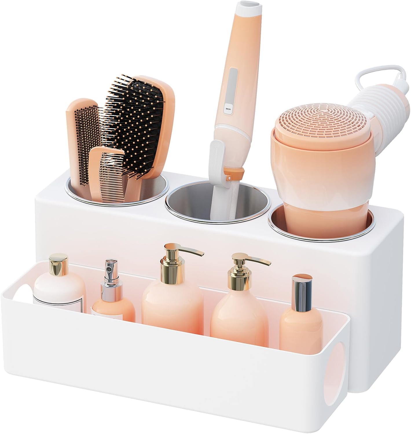 Support pour sèche-cheveux et fer à lisser : rangement élégant pour salle de bain Organisateur pratique en blanc pour une coiffeuse toujours rangée