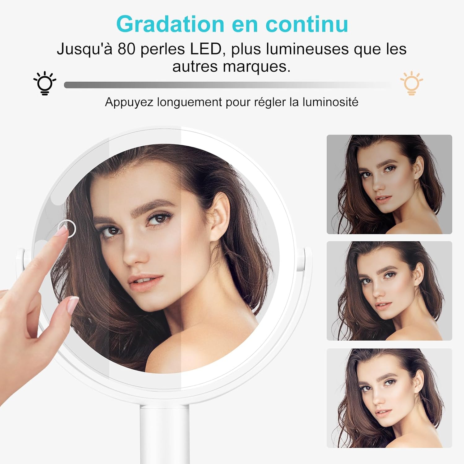 Miroir maquillage LED : l'allié parfait pour vos routines beauté Découvrez le miroir grossissant lumineux 1X / 10X, idéal pour les passionnées de maquillage. Grâce à sa rotation à 360° et ses trois couleurs de lumière, cet accessoire vous permettra d'ajuster la luminosité selon vos besoins, pour un maquillage impeccable à chaque utilisation. Offrez-vous une expérience de beauté raffinée et pratique avec ce miroir sur pied, doté de 80 perles lumineuses pour un reflet éclatant. – Image 4