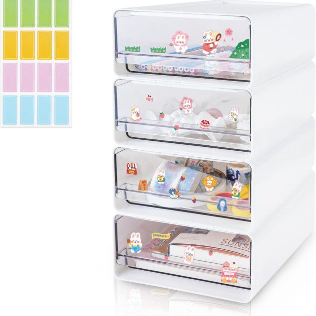 Organisateurs de bureau empilables : lot de 4 tiroirs transparents pour un rangement élégant des accessoires de maquillage et de bureau