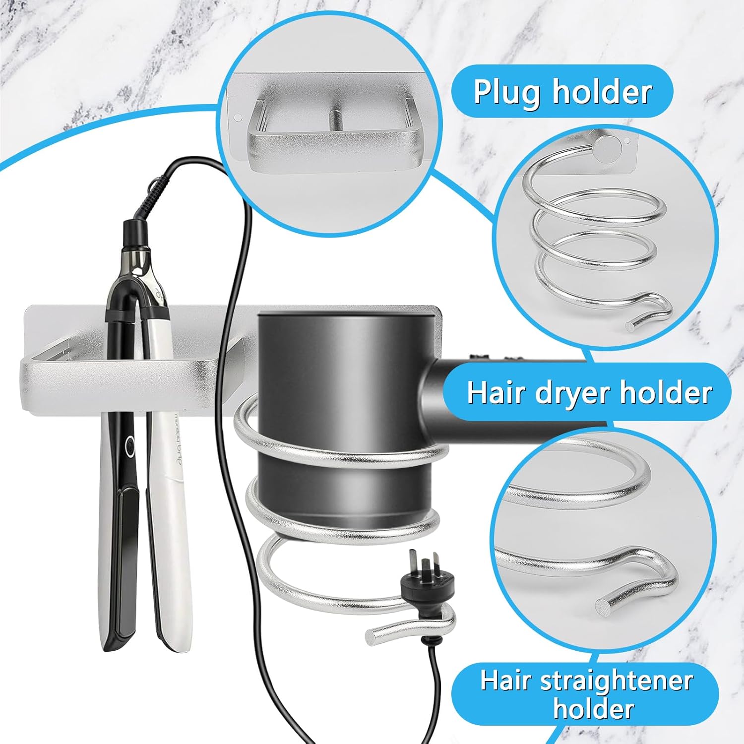 Porte sèche cheveux en aluminium : l'organisateur idéal pour chambre et salle de bain – Image 3