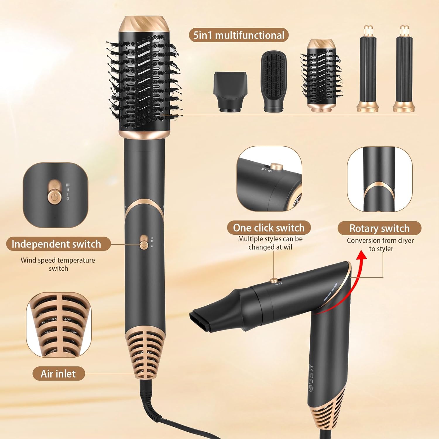 Air styler 6 en 1 : brosse soufflante pour un séchage et un coiffage parfaits Transformez vos cheveux avec cet outil multifonctionnel qui lisse, boucle et sèche en un seul passage – Image 2