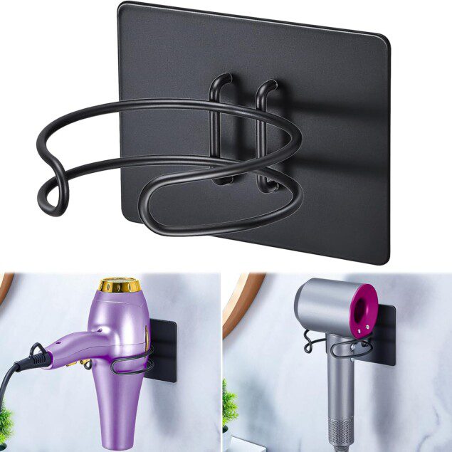 Support sèche-cheveux mural en acier inoxydable : idéal pour salle de bain, coiffure et hôtel   Optimisez votre espace avec un porte sèche-cheveux auto-adhésif sans perçage, élégant et pratique !