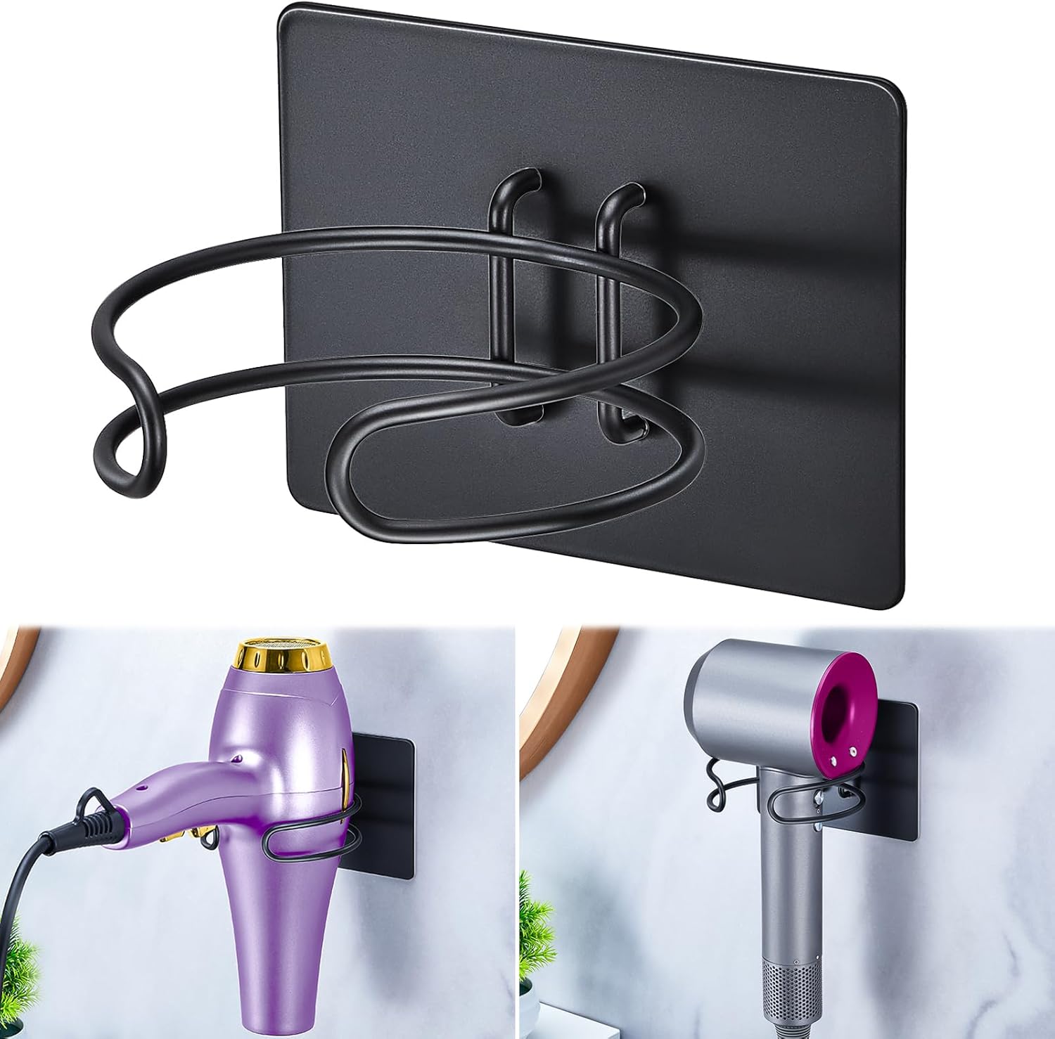 Support sèche-cheveux mural en acier inoxydable : idéal pour salle de bain, coiffure et hôtel   Optimisez votre espace avec un porte sèche-cheveux auto-adhésif sans perçage, élégant et pratique !