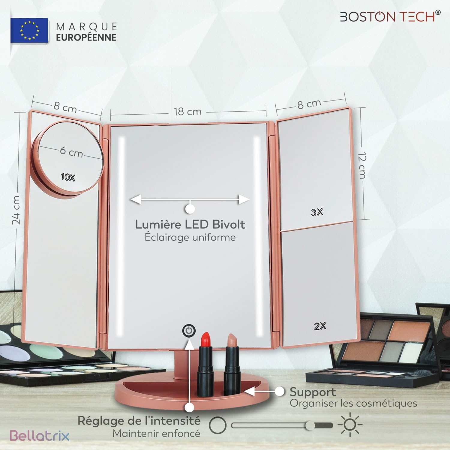 Miroir de maquillage lumineux Bellatrix : l'allié parfait pour les passionnées de beauté Profitez d'un grossissement 1X/2X/3X/10X et d'une lumière LED réglable pour un maquillage impeccable – Image 2