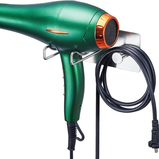 Porte sèche-cheveux mural sans perçage : idéal pour votre salle de bain  Support en acier inoxydable SUS 304 avec crochet pour câble, pratique et élégant