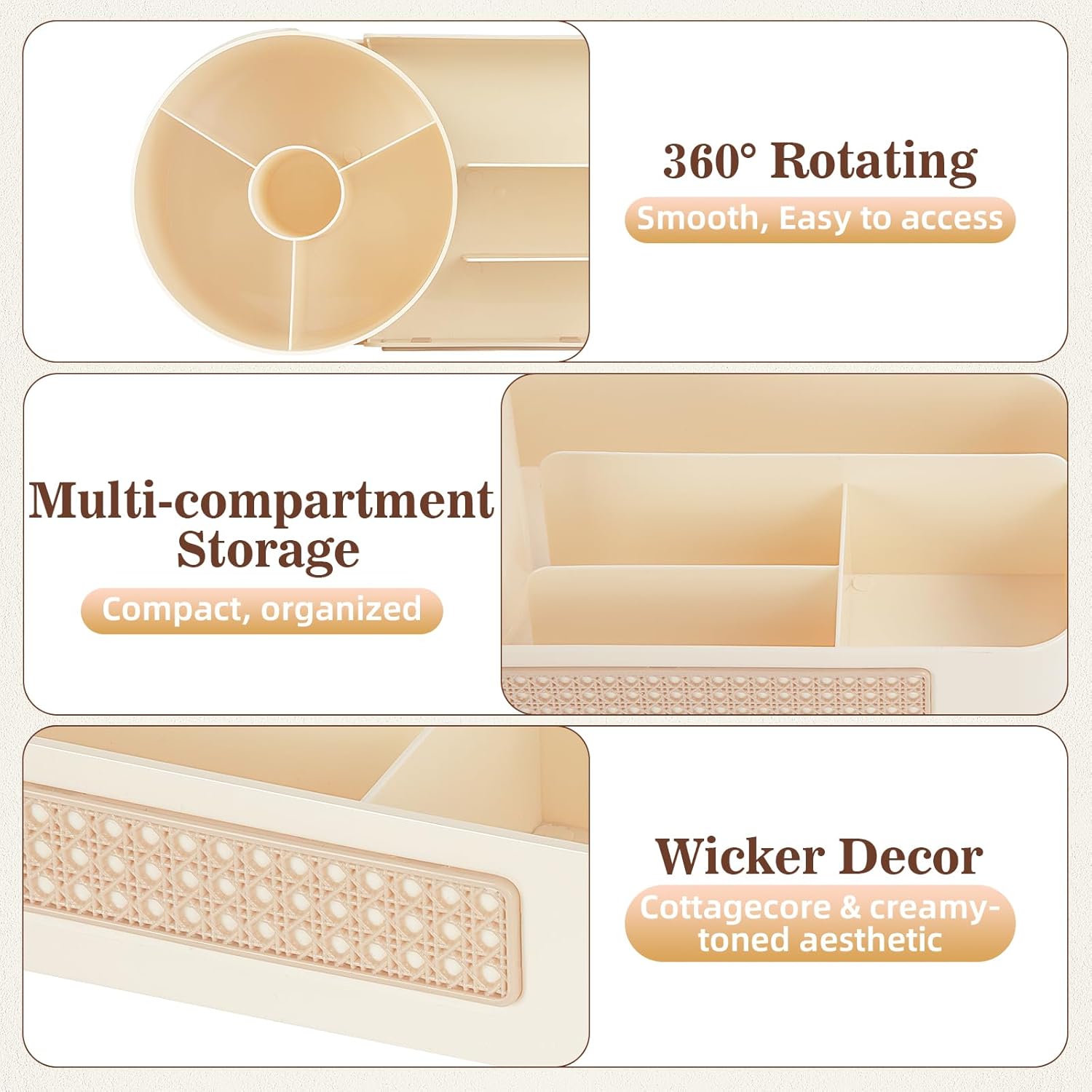 Organisateur maquillage rotatif 360 degrés : le rangement idéal pour les passionnées de beauté Découvrez notre organisateur maquillage 2 en 1, parfait pour optimiser l'espace de votre coiffeuse, salle de bain ou chambre à coucher. Grâce à ses multiples compartiments, il permet un rangement pratique et élégant de vos produits de beauté et pinceaux, tout en ajoutant une touche de style à votre décoration. – Image 4