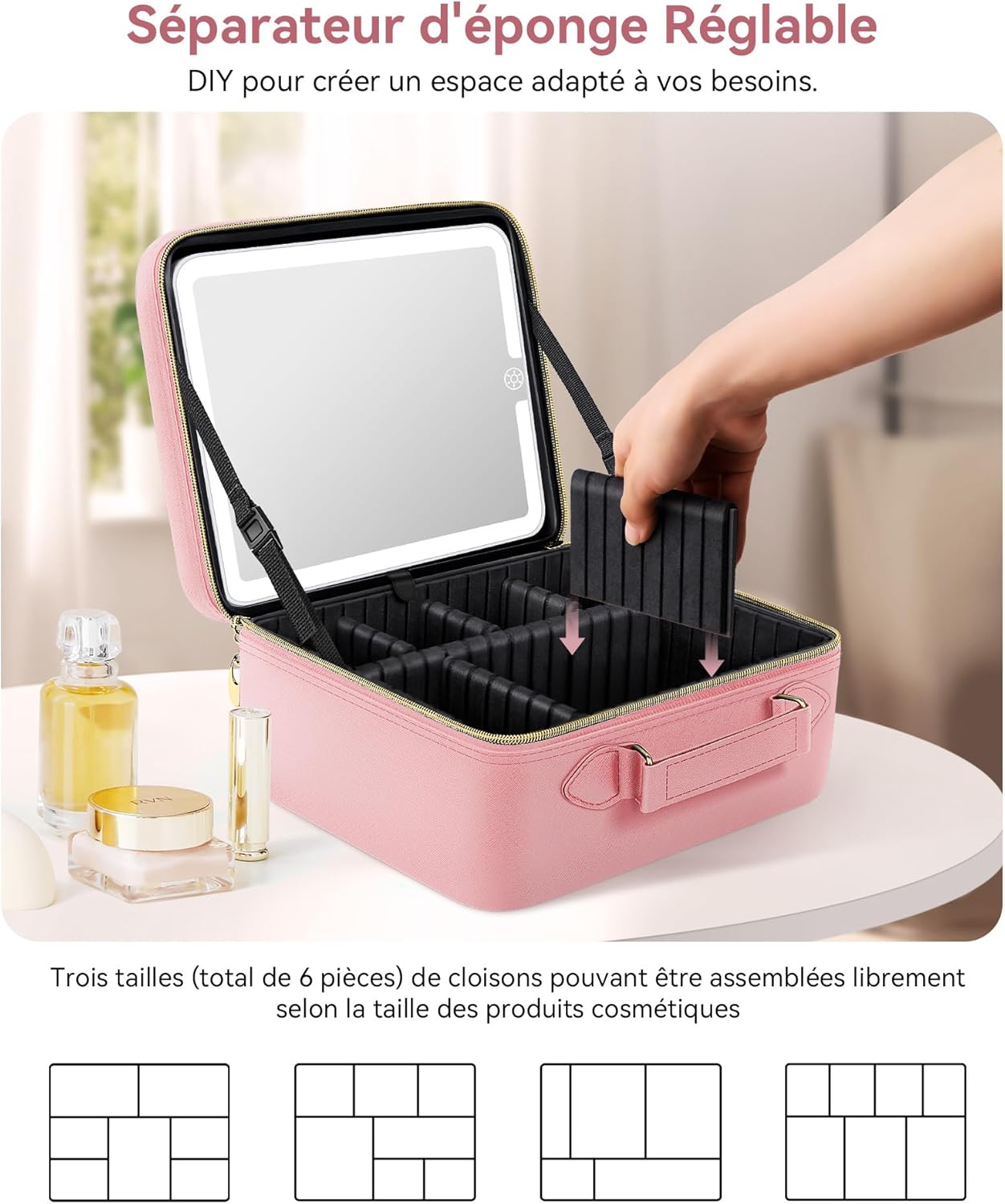 Trousse de maquillage pour les passionnées de beauté : un miroir LED et des compartiments réglables pour un rangement optimal – Image 4