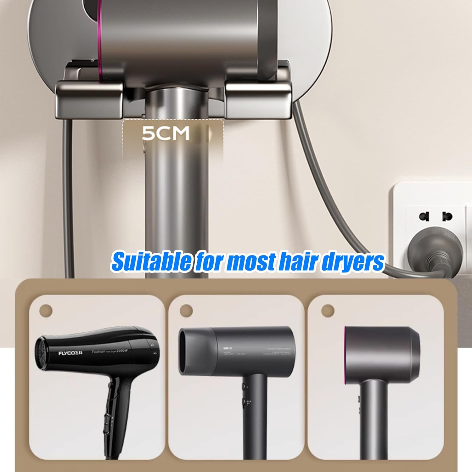 Support de sèche-cheveux en aluminium aéronautique : idéal pour salle de bain et hôtel Fixation murale sans perçage : un rangement élégant et pratique pour vos appareils – Image 4