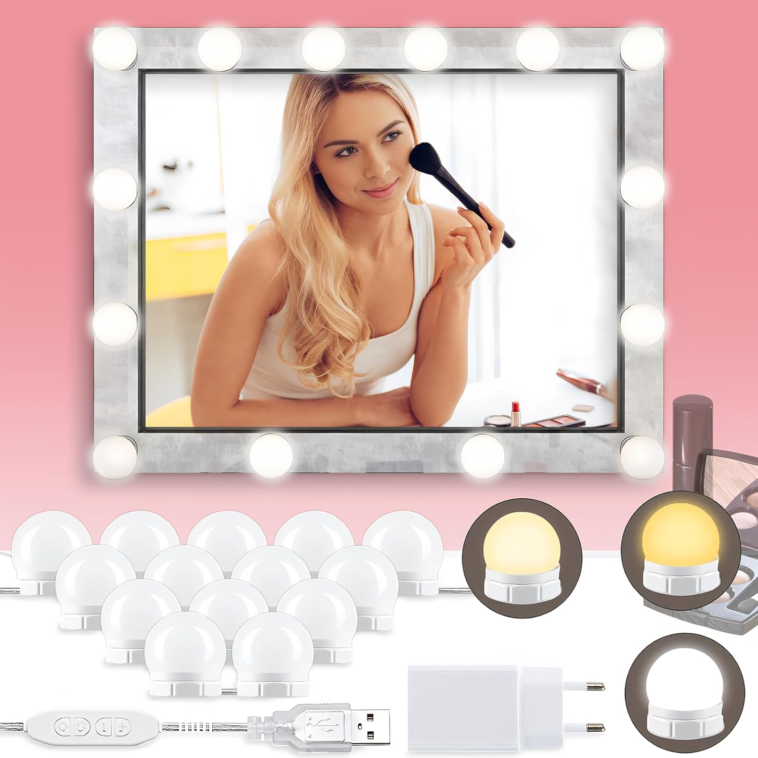 Lumière de miroir pour un maquillage parfait : 14 ampoules LED réglables en 3 couleurs