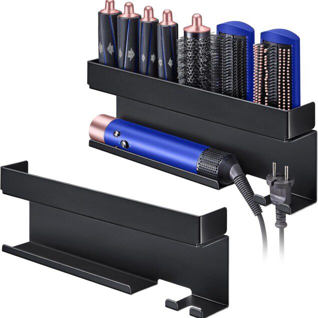 Support sèche-cheveux mural noir : rangement élégant pour coiffeurs en quête d'optimisation