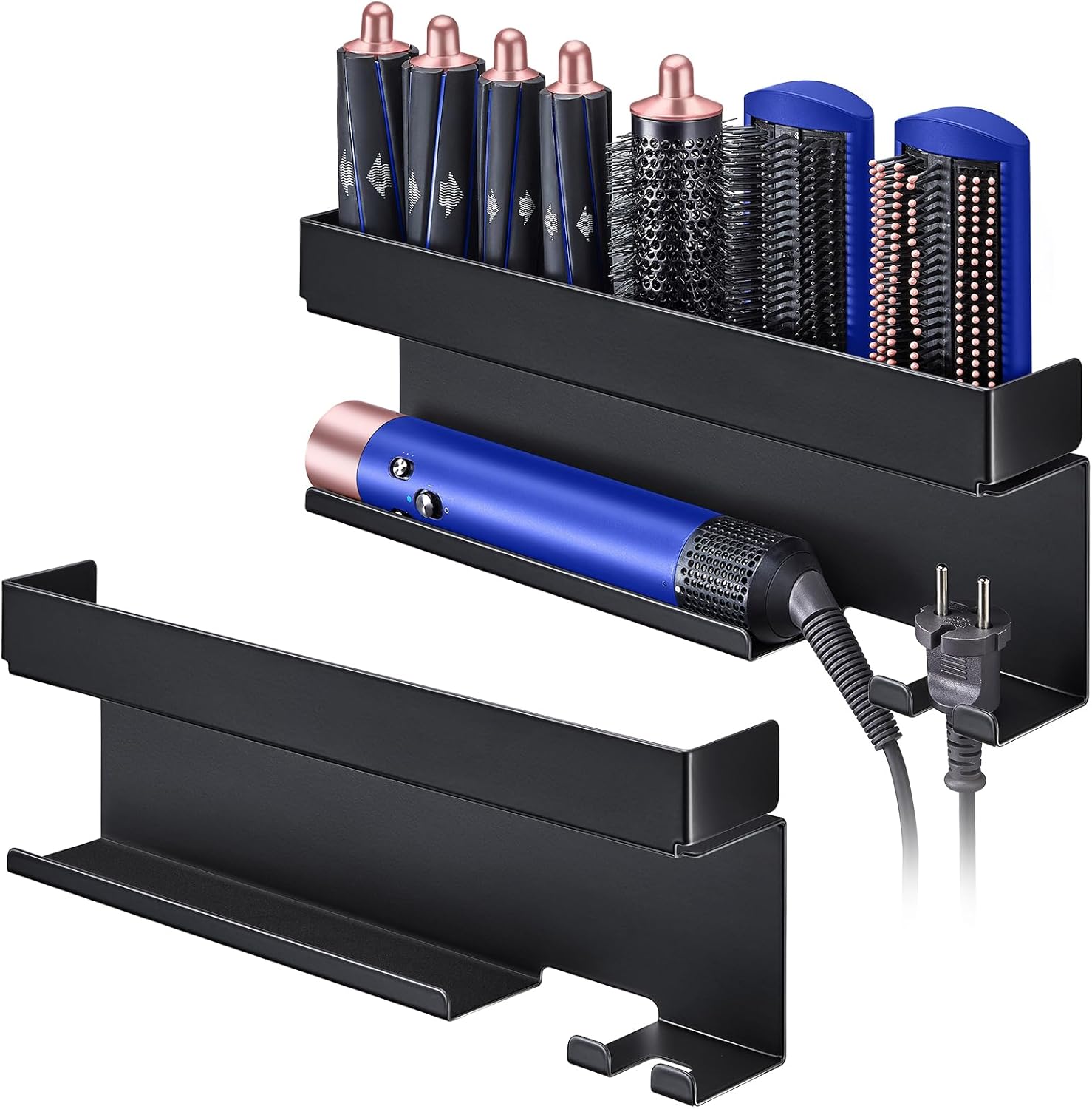 Support sèche-cheveux mural noir : rangement élégant pour coiffeurs en quête d'optimisation