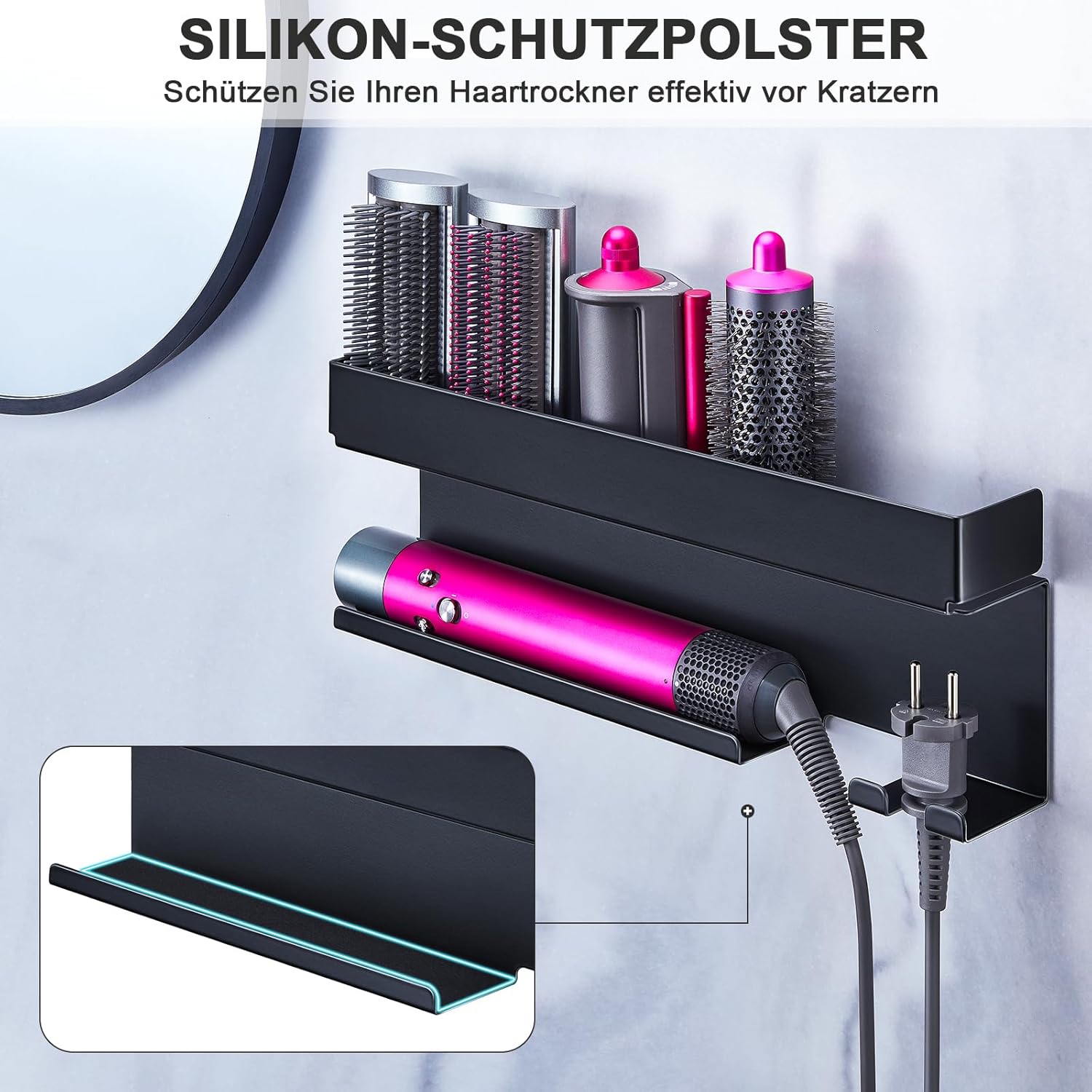 Support sèche-cheveux mural : rangement élégant pour salle de bain sans perçage Optimisez l'espace de votre salle de bain avec ce porte-accessoires noir pour lisseurs et appareils de coiffure – Image 5